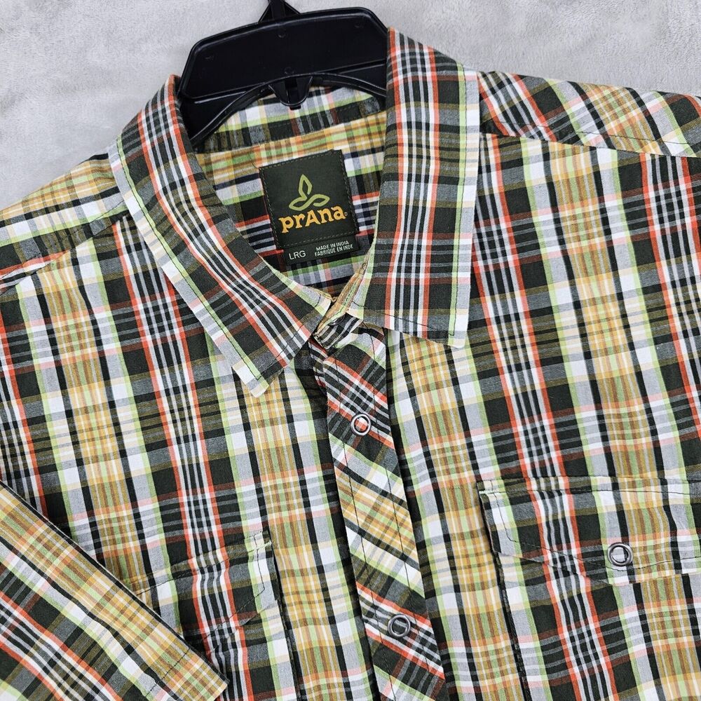 PrAna Mens‎ Large Snap Button Shirt Green Plaid Outdoor Cotton Shirt